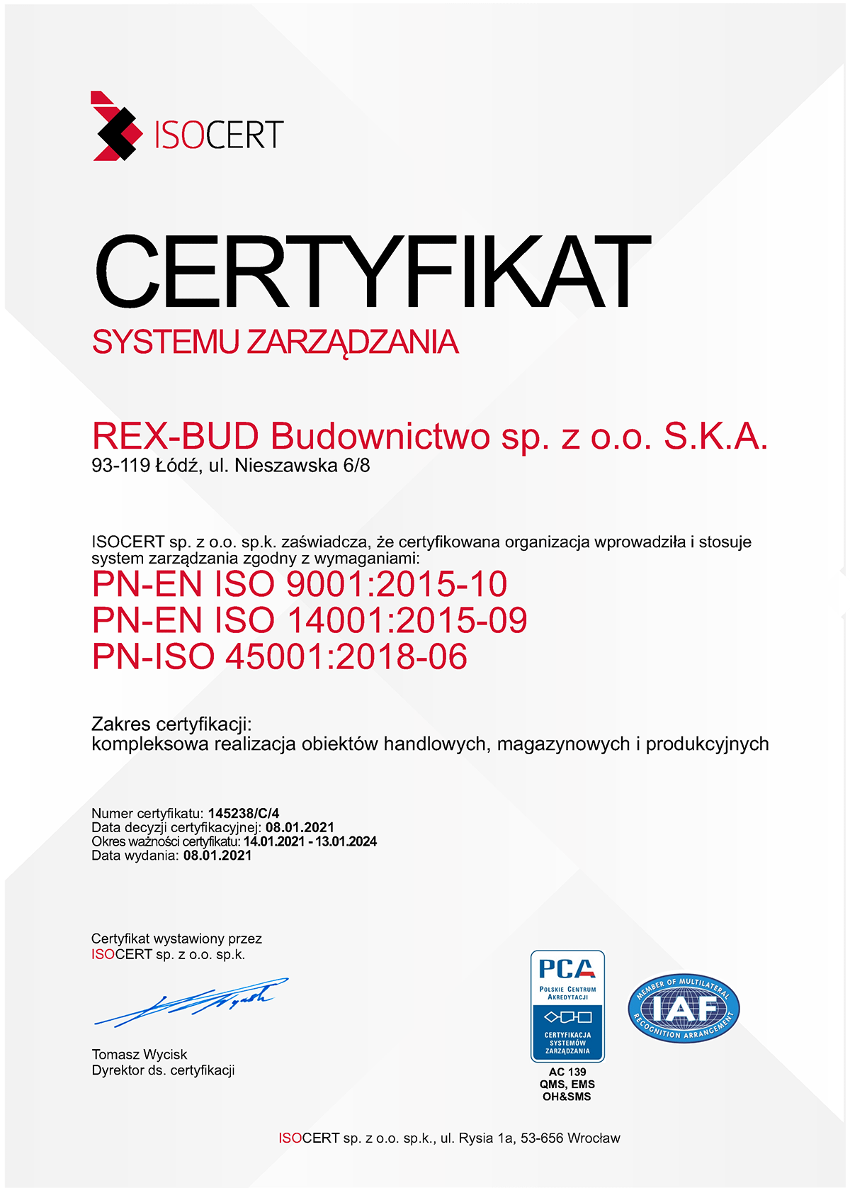 Certyfikat ISOCERT 2021